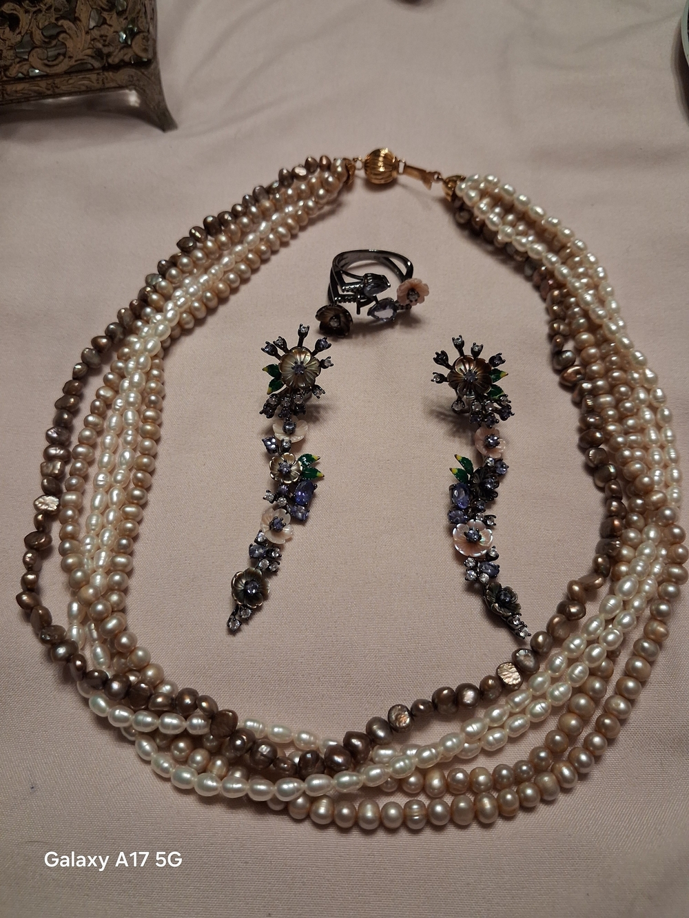 Freshwater 5-Strand Pearl Necklace with MOP Floral Drop Earrings & Ring